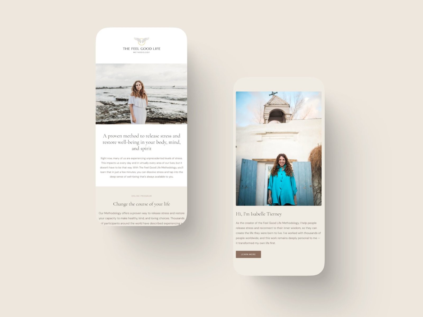 The Feel Good Life mobile homepage and about page