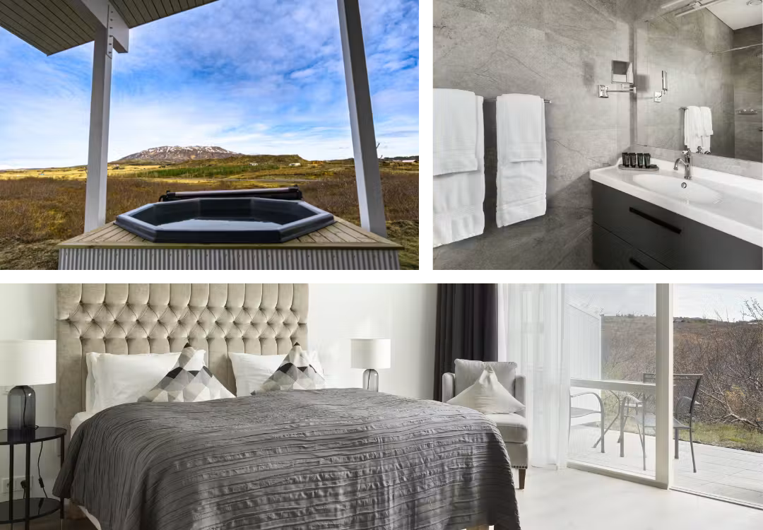 Hotel Gr&iacute;msborgir deluxe room, bathroom, and private hot tub